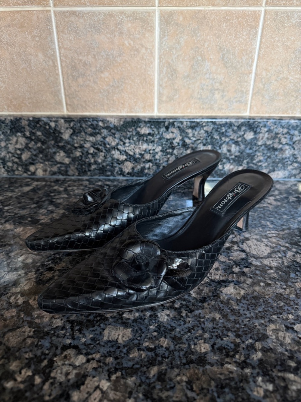 Brighton Black Woven Leather Pointed-Toe Mule Heels with Floral Applique